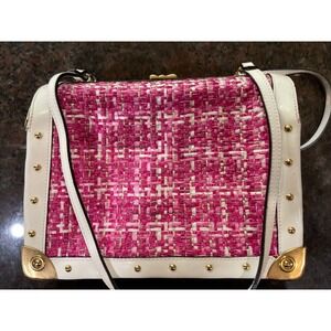 Paola‎ Doctors Bag Purse Handbag Pink & White Leather & Fabric Gold Tone